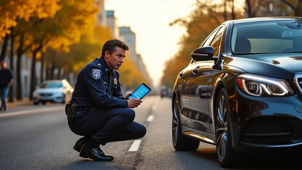Amende pour défaut de contrôle technique avec voiture immobilisée et policier délivrant une contravention