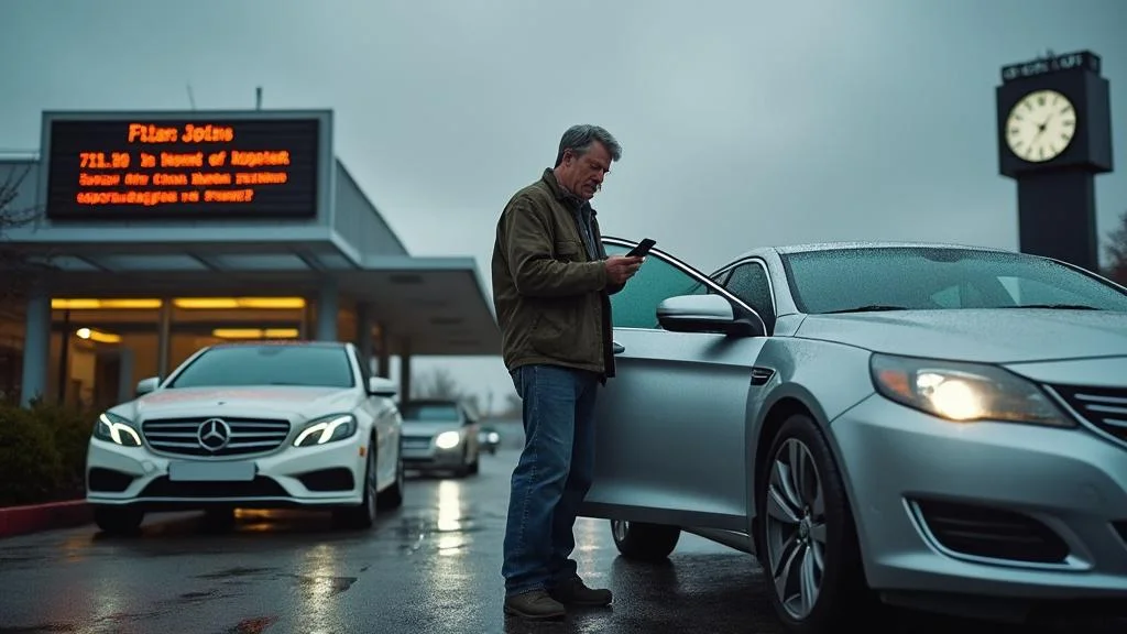 Homme stressé devant centre contrôle technique, risque d'amende pour défaut de contrôle technique